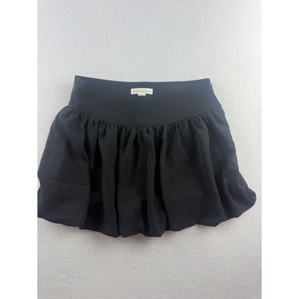 Aeropostale Womens XS Black Bubble Hem Mini Skirt Gathered Side Zip Solid